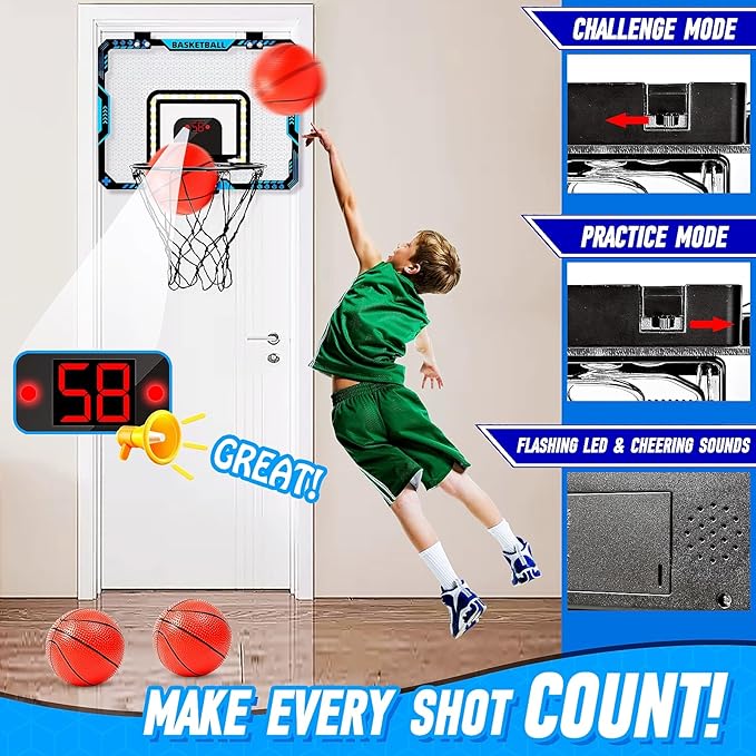 BATURU Mini Basketball Hoop Indoor for Kids β Over The Door Basketball Hoop with LED Scoreboard, Lights, Sound β Sports Gifts Toys for Boys Ages 5-12