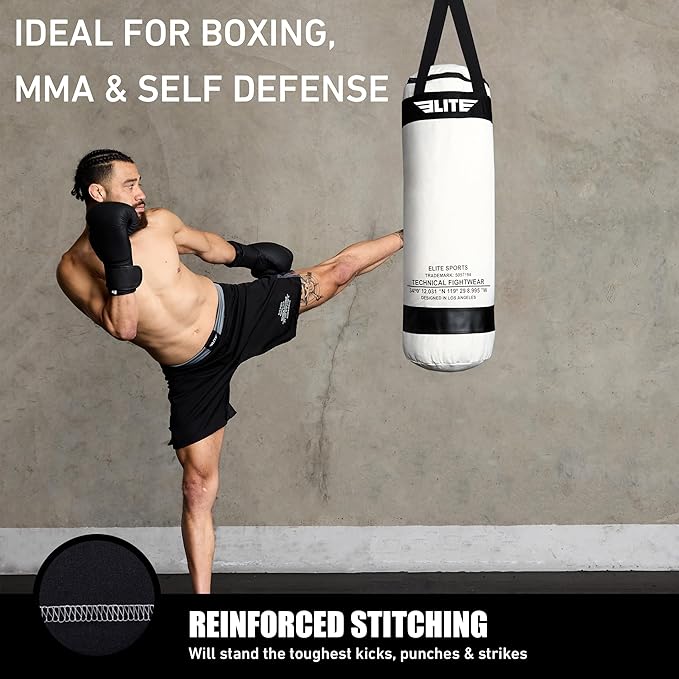 Elite Sports Boxing Bag – Heavy Duty Canvas Punching Bag with Straps for Boxing, Training, MMA, Muay Thai, Kickboxing, Martial Arts & Fitness – Unfilled Heavy Bag