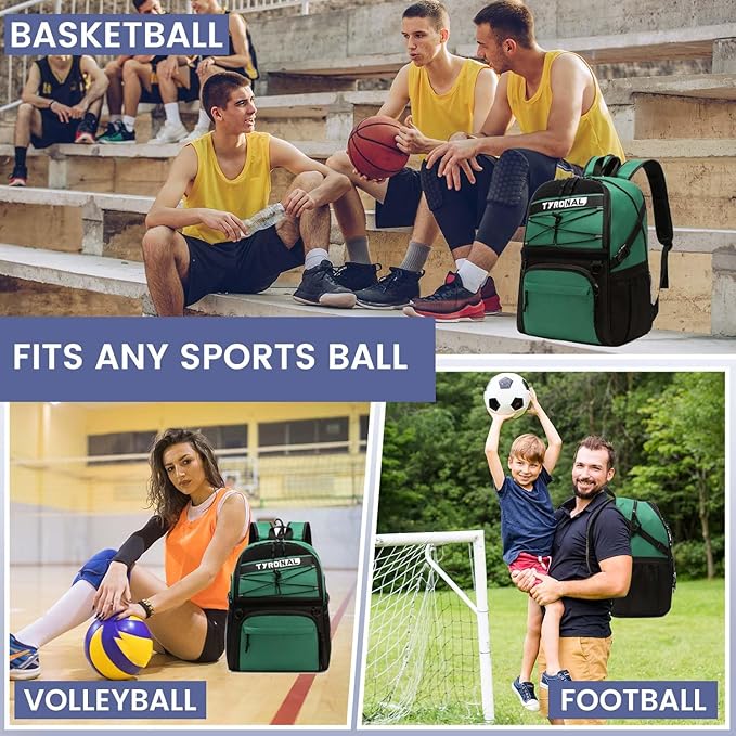 Basketball Bag Backpack with Ball Holder and Shoes Compartment,Best for Basketball, Soccer, Volleyball, Gym. (GREEN)