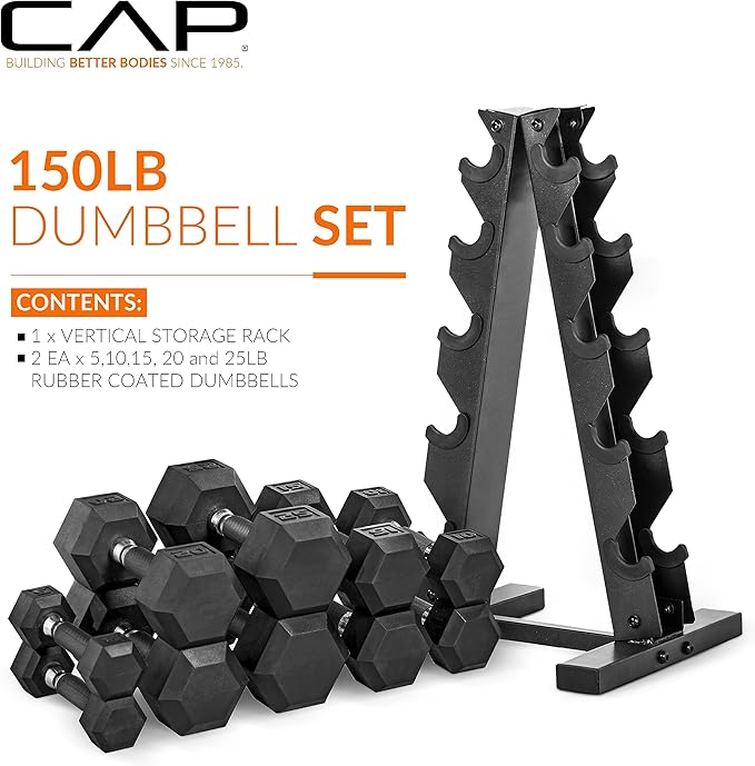 CAP Barbell Rubber Coated Dumbbell Weight Set with Vertical Rack | 100 lb, 150 lb, and 210 lb Options