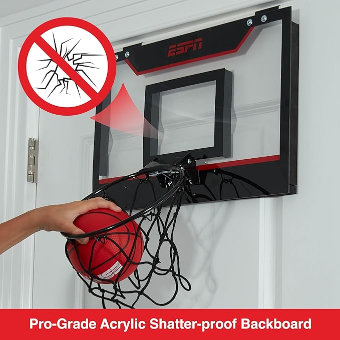 ESPN Mini Basketball Hoop, Over The Door Basketball Hoop with Foldable Breakaway Rim, Includes 2 Mini Basketballs and Pump