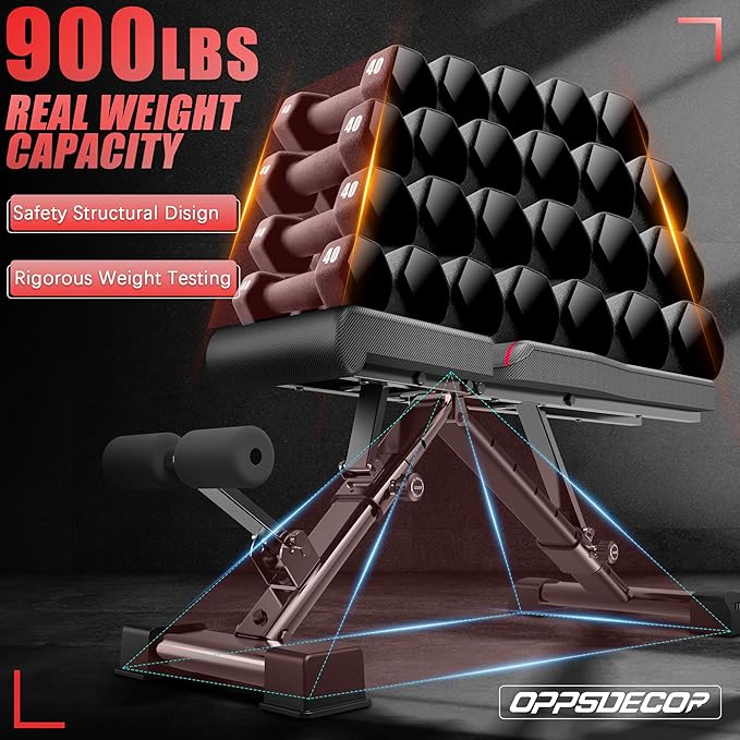 OPPSDECOR Fitness Weight Bench, 900LBS Adjustable Incline/Decline/Flat Bench with Quick Folding & Setup, Strength Training Bench Press Bench for Home Gym Full Body Workout