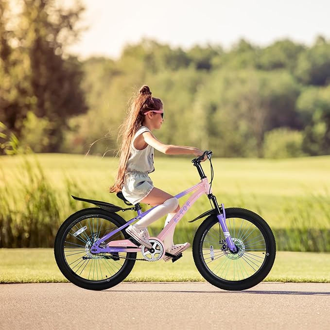 20 24 Inch Kids' Mountain Bike, Front Suspension Fork Kids' Bicycles for Boys Girls, Single Speed Bikes for Girls Boys Ages 8-12, Front and Rear Disc Brakes, Adjustable Seat Height