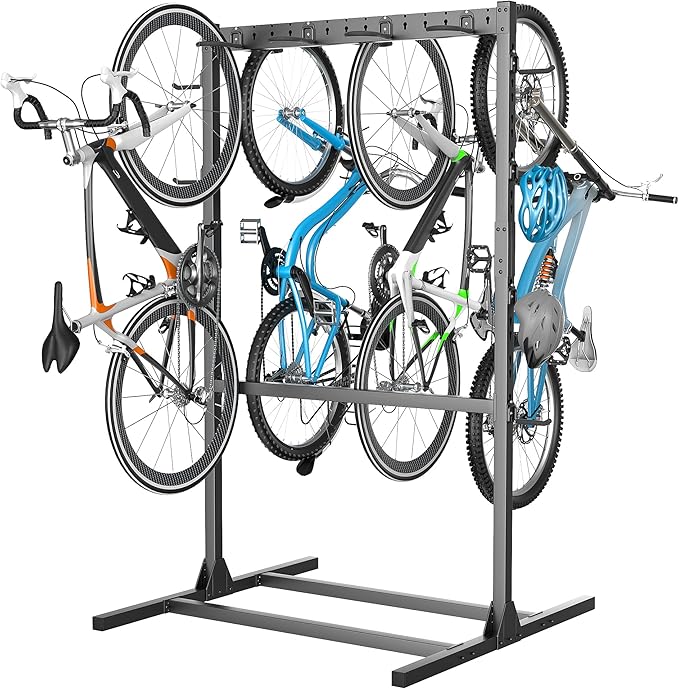 EVERHANGER Freestanding Bike Stand Rack with Adjustable Hooks, Vertical Bike Stand for Garage, Bicycle Storage Organizer, Holds Up to 7 Bikes & 7 Helmets