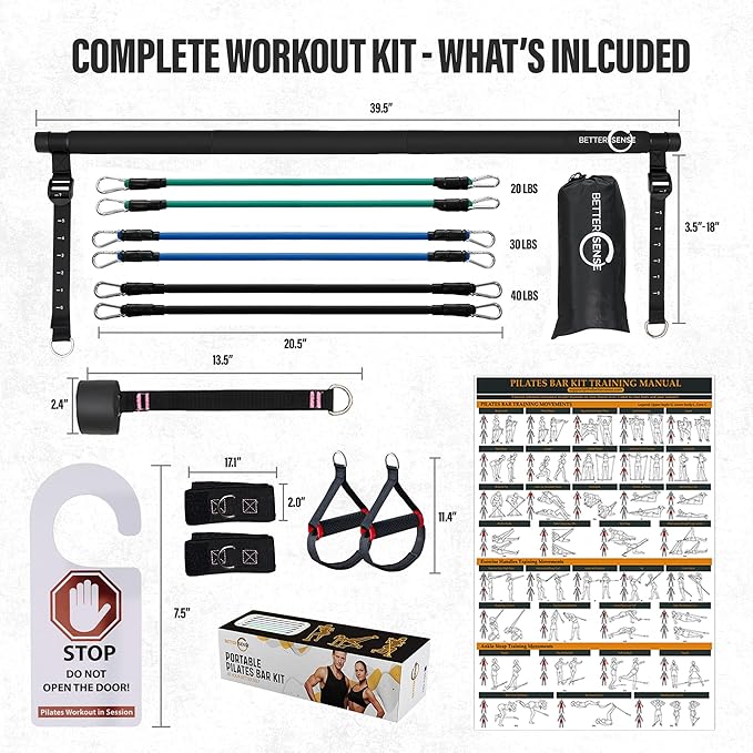 Upgraded Pilates Bar Kit – 39” Adjustable Exercise Equipment for Men, Women with 6X 20, 30, 40 lbs Resistance Bands with Adjustment Buckle – Pilates Equipment for Home Workouts for All Fitness Levels
