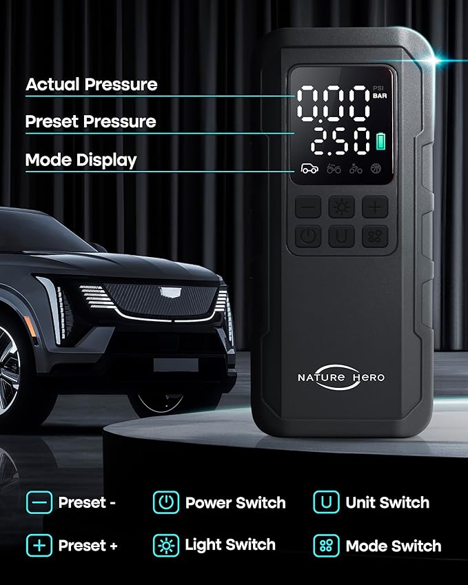 Tire Inflator Portable Air Compressor and Power Bank - 150PSI Compressor Portable Tire Inflator for Car, Motorcycle, Bicycle, Balls - Car Air Pump,Black