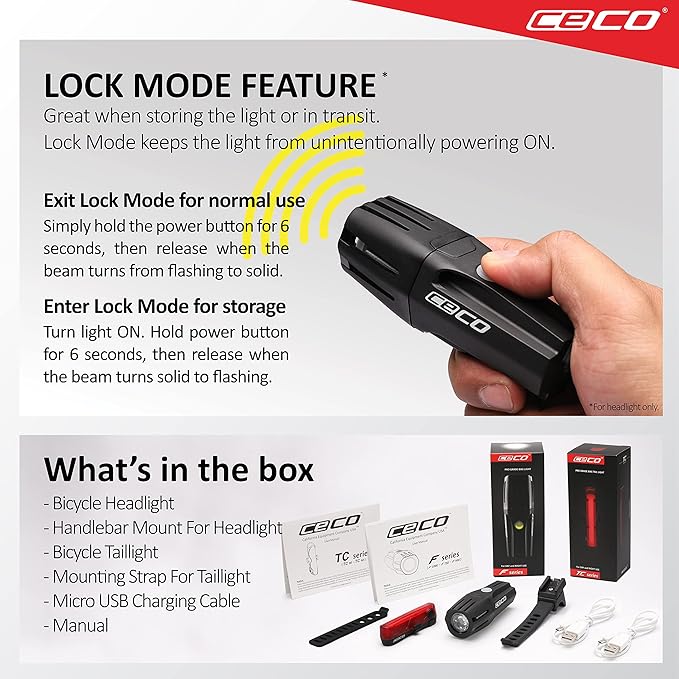 CECO-USA: 1000 Lumen Headlight & 80 Lumen COB LED Tail Light for Cyclists who Want to See far & to be seen from Super Wide Angle. Brightest USB Rechargeable Bike Light Set Available for All Cyclists