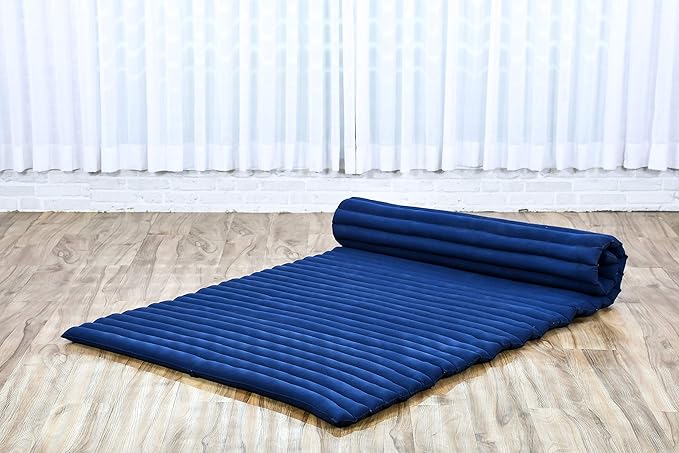 Leewadee - Kapok Roll Mat – Handcrafted Folding Sleep & Relaxation Mattress from Thailand, Ideal as Guest Bed, Camping Mat, Yoga Mat or Traditional Futon, 75 x 39 inches, Blue