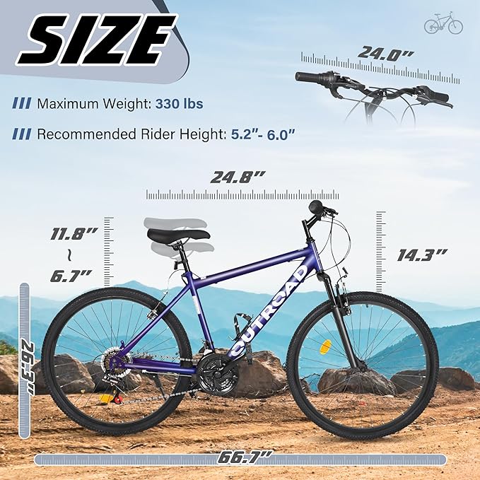 Outroad 26 Inch Mountain Bike, 7/21-Speed/High-Carbon Steel/Aviation Grade Frame, Dual Disc/V Brake, Adjustable Ergonomic Seat Bicycle for Men Women Adult, Quick Assembly in 20 Minutes