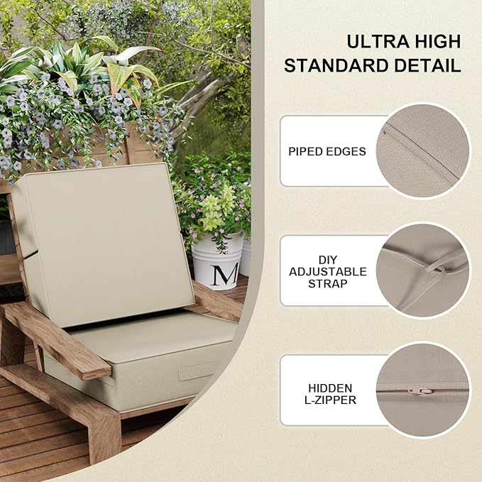 6 Inch Thick Foldable Deep Seat Cushion, 2 PCS 24 x 24 Inch Outdoor Water&Fade Resistant Olefin Patio Furniture Replacement Chair Cushion, with Removable Cover, Handle and Straps, Gray Apricot