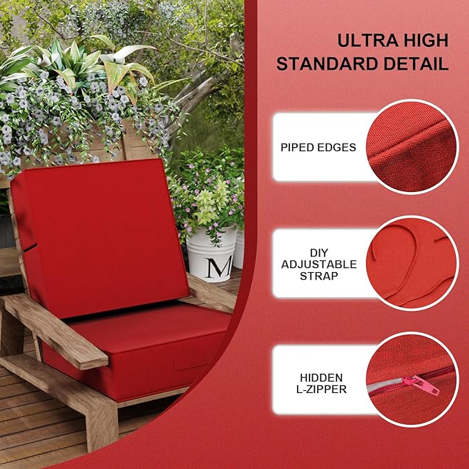 6 Inch Thick Foldable Deep Seat Cushion, 2 PCS 24 x 24 Inch Outdoor Water & Fade Resistant Olefin Patio Furniture Replacement Chair Cushion, with Removable Cover, Handle and Straps, Red