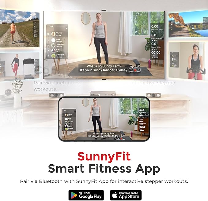 Sunny Health & Fitness 2-in-1 Premium Power Stepper with Resistance Bands, Low-Impact Cardio, Space-Saving, Height-Adjustable, with Enhanced Bluetooth Connectivity with Free SunnyFit App
