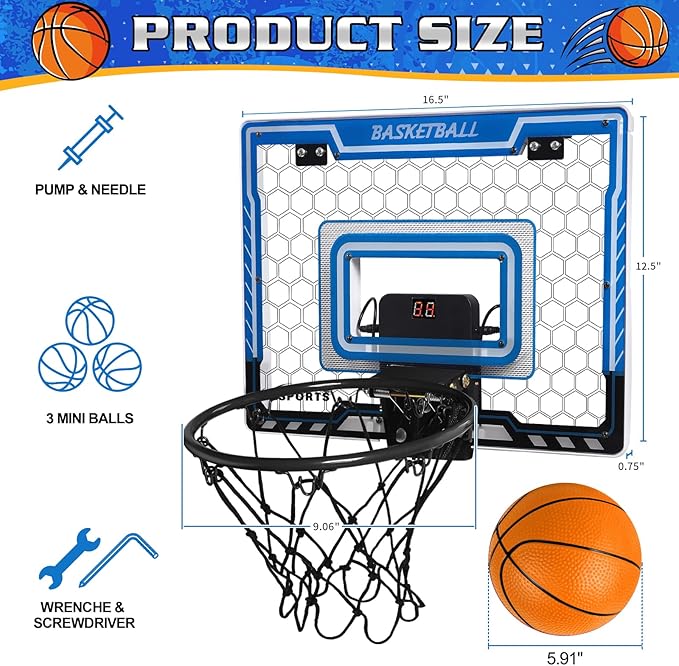 Mini Basketball Hoop Indoor with Scorer and Batteries, Indoor Basketball Hoop Over The Door with Colorful LED Lighting, Toy Basketball Set for Boys Girls Age 3 4 5 6 7 8