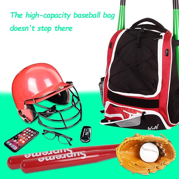 WOLT Youth Baseball Bag - Bat Backpack for Baseball, T-Ball & Softball Equipment & Gear, Bat & Glove Holder, Large Main Compartment for Helmet & accessories, Separate Shoes Compartment, Fence Hook