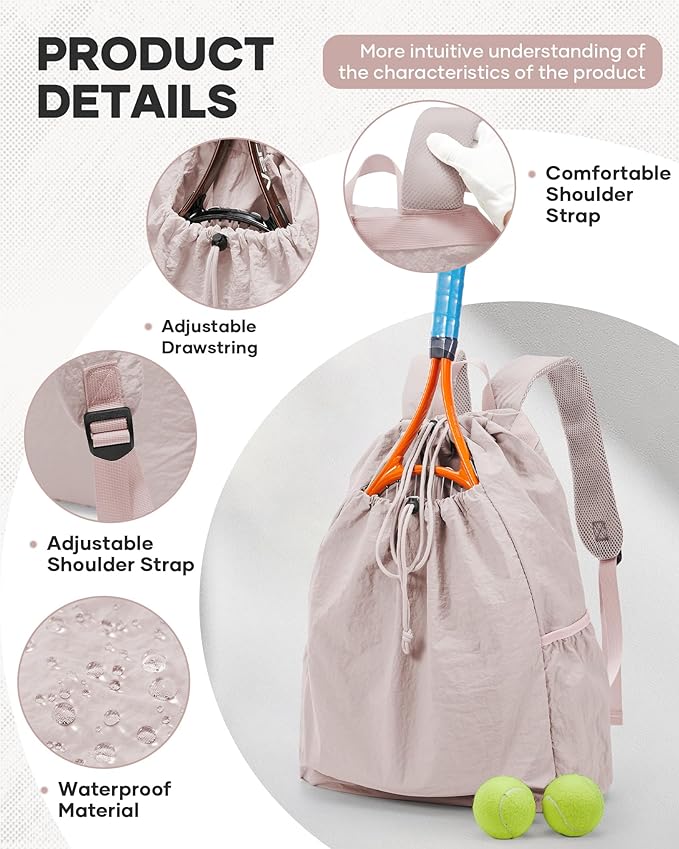 Tennis Racket Bag for Women, Waterproof Tennis Badminton Backpack 2 Racquets, Drawstring Racket Case for Ball Paddles