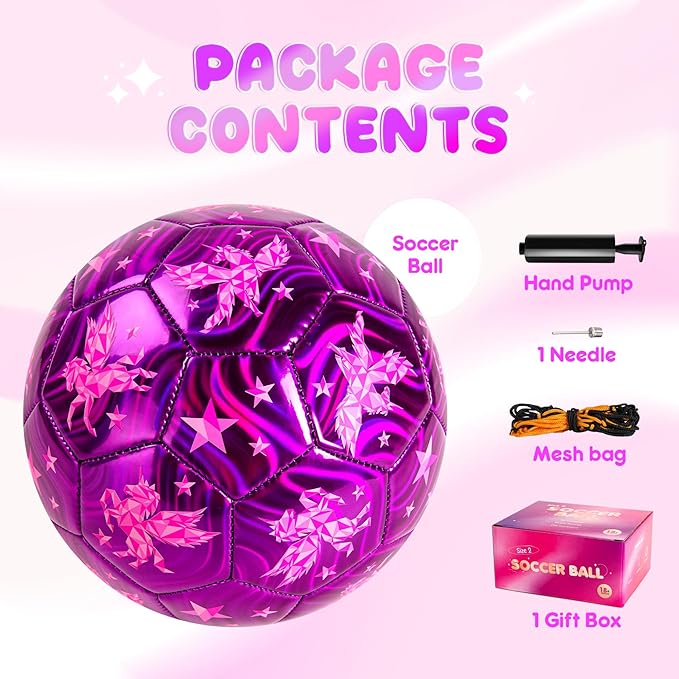 Kids Soccer Ball Size 2 Size 3 Size 4 Glitter Unicorn Dinosaur- For Toddlers Kids Age 1-3 3-8 8-12 - Sports & Outdoors Ball Inflatable with Pump - Gift for Girls Boys Children Youth School Birthday