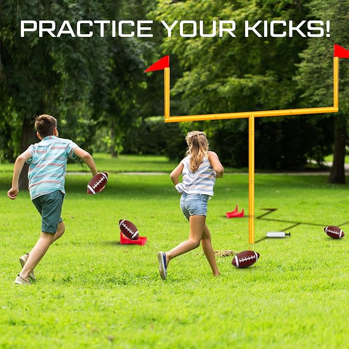 Jenaai 2 Pcs Field Goal Post Set With 4 Inflatable Footballs, 2 Kicking Tee, Pump - Kids Easy Assembly Sport Accessories 8 x 6 ft Adjustable Goal Post for Youth Backyard Game