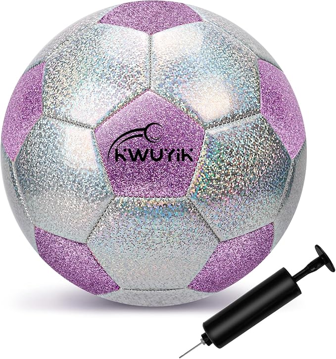 Soccer Ball Size 3 4 5 Glitter Pink Purple Silver with Pump Toddler Soccer Ball for Kids Aged 3-6 6-8 8-12 Outdoor Training Ball for Girls Boys Children Youth Teens