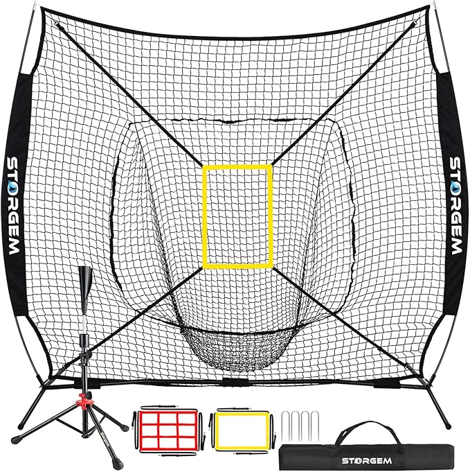 Storgem Baseball and Softball Practice Net 7×7ft Portable Hitting Pitching Batting Training Net Baseball Backstop Net with Batting Tee and Strike Zone and Bow Frame