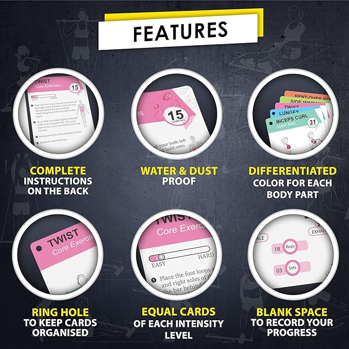 Pilates Bar Workout Cards - 58 Exercise Cards with Pilates Stick Work Out Postures, Instructions & Breathing Tips | Free Ring & Dry-Erase Marker to Create Your Customize Workout Planner Chart