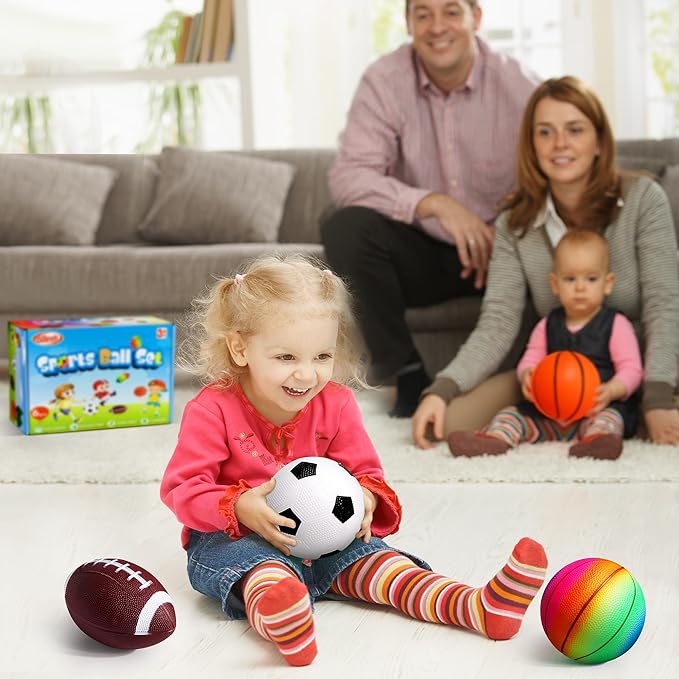 Small Sports Balls for Toddler Pack of 6, 2 Each of 5" Football, Basketball, Soccer for Playground, Toy Balls Inflatable Multi-Sport Ball Set with 1 Pump for Indoor and Outdoor Activities