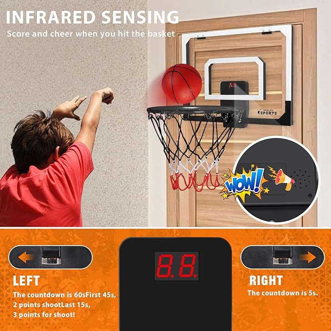 Mini Basketball Hoop Indoor with Scorer and Batteries, Indoor Basketball Hoop Over The Door with Colorful LED Lighting, Toy Basketball Set for Boys Girls Age 3 4 5 6 7 8