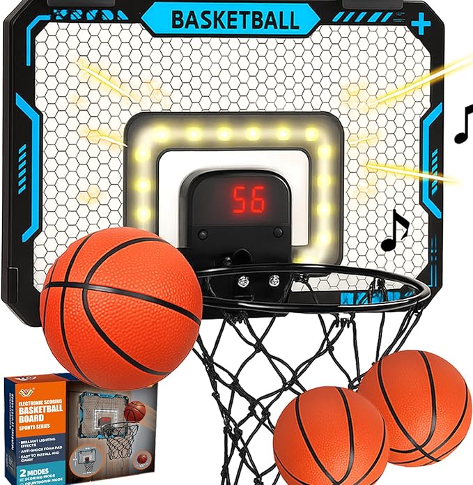 BATURU Mini Basketball Hoop Indoor for Kids β Over The Door Basketball Hoop with LED Scoreboard, Lights, Sound β Sports Gifts Toys for Boys Ages 5-12