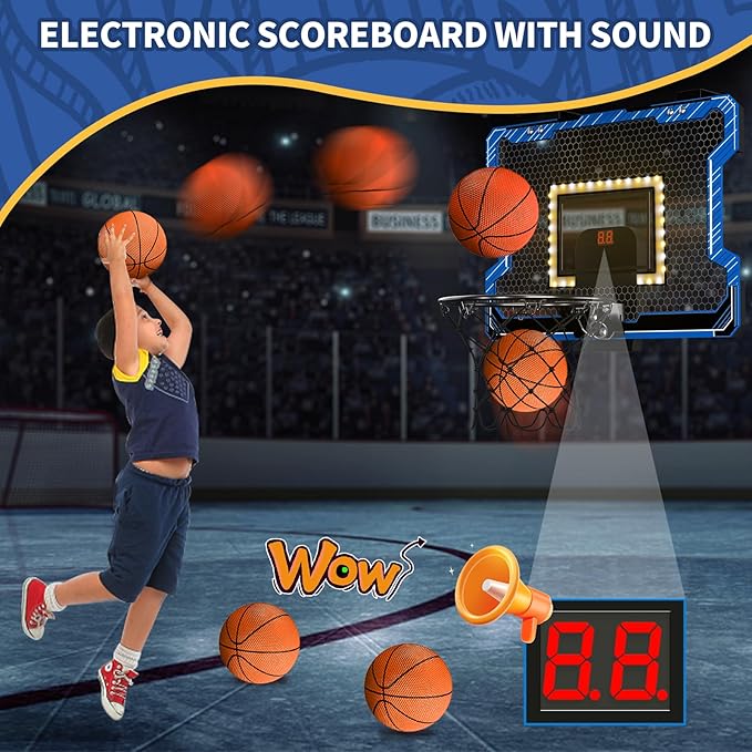 Mini Basketball Hoop Indoor with Scoreboard/LED Light, Glow in The Dark Door Basketball Hoop, Toy Gifts for Kids Boys Girls Teens Adults, Suit for Bedroom/Office/Outdoor/Pool, Blue