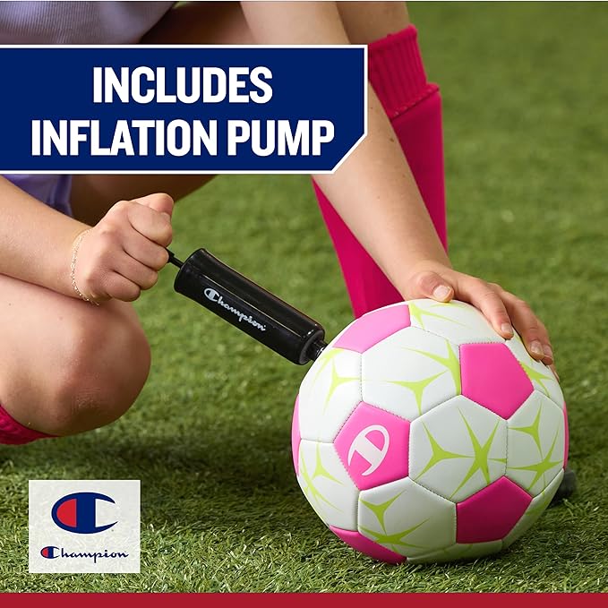 Champion Youth & Adult Soccer Ball - Paneled Design, Enhanced Control, Durable Cover & Butyl Bladder, for Indoor & Outdoor Training, Sizes 3, 4, 5, Includes 6" Pump