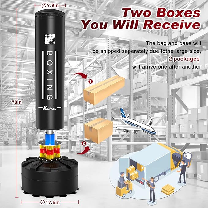 XDDIAS Punching Bag with Stand, 70'' Freestanding Punching Bag for Adult, Heavy Boxing Bag with Suction Cup Base Kickboxing Bag for MMA Muay Thai Fitness