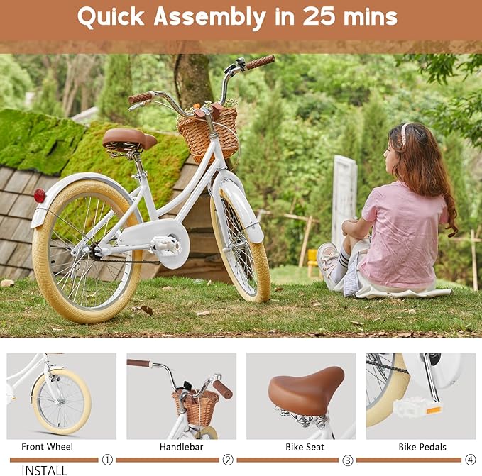Glerc Little Molly 12-20 Inch Kids Retro Cruiser Bike for 2-13 Year Old with Wicker Basket & Training Wheels/Kickstand, Multiple Colors