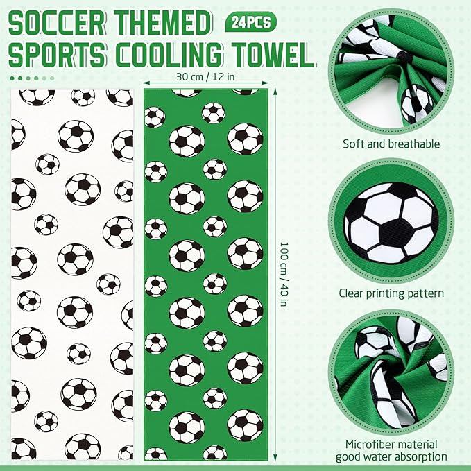 24 Pcs Sports Cooling Towels Baseball Basketball Softball 40 x 12 Inch Breathable Soccer Football Volleyball Microfiber Ice Towel Fast Drying for Sport Party Favors Team Gift(White,Soccer)