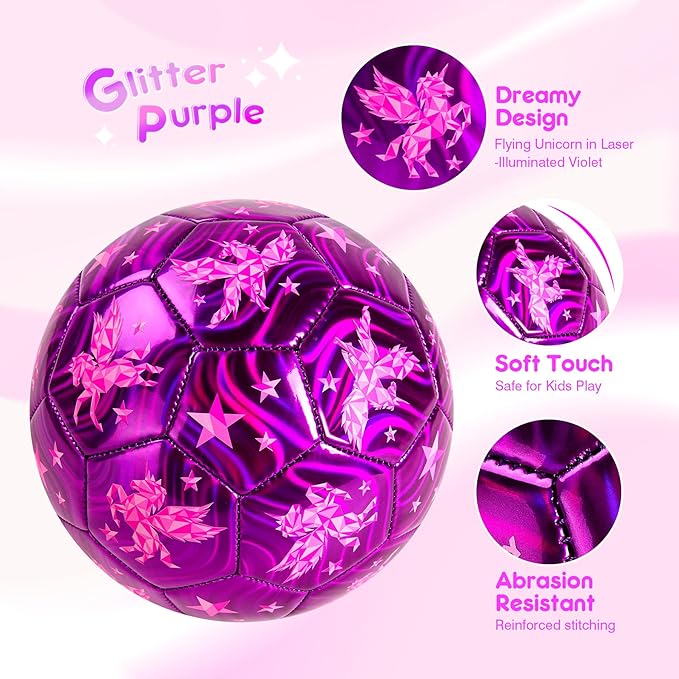 Kids Soccer Ball Size 2 Size 3 Size 4 Glitter Unicorn Dinosaur- For Toddlers Kids Age 1-3 3-8 8-12 - Sports & Outdoors Ball Inflatable with Pump - Gift for Girls Boys Children Youth School Birthday
