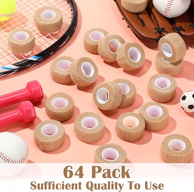 Treela 64 Pack 1" x 5 Yards Self Adhesive Cohesive Bandage Wraps, Elastic Breathable Athletic Tape, Flexible Self Adherent Bandage Rolls for Wrist, Ankle, Fingers, Sports & Pets (Beige)