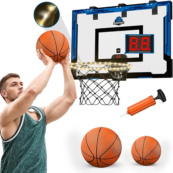 24" x 16" Large Basketball Hoop Indoor for Adults, Over The Door Basketball Hoop with Electronic Scoreboard/LED Rim, Big Basketball Toys Gifts Ideas for Man Kids Teens Boys Girls, Blue