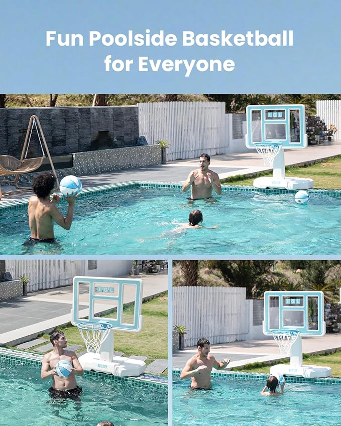 IGL DunkSplash Elite Pool Basketball Hoop, Swimming Pool Basketball Hoop Poolside with PC Backboard, Stainless Steel Rim, Water Storage Base & Stand with 2 Balls & Pump