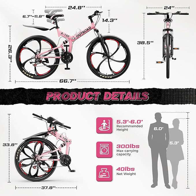 Outroad 26 Inch Folding Mountain Bike, 21 Speed Full Suspension High-Carbon Steel MTB Foldable Bicycle, Dual Disc Brake Non-Slip Folding Bikes for Adults/Men/Women, Black, Orange and Green