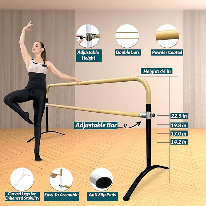 Ballet Barre Portable for Home or Studio, Height Adjustable Bar for Stretch, Pilates, Dance or Active Workouts, Single or Double Bar, Kids and Adults