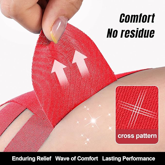 Waterproof Kinesiology Tape for Shoulders/Knees, 10 Precut Strips for Knee Pain Relief & Stability Support (Red), Elastic Strong Adhesive Athletic Tape, Latex-Free Hypoallergenic Sports Tape
