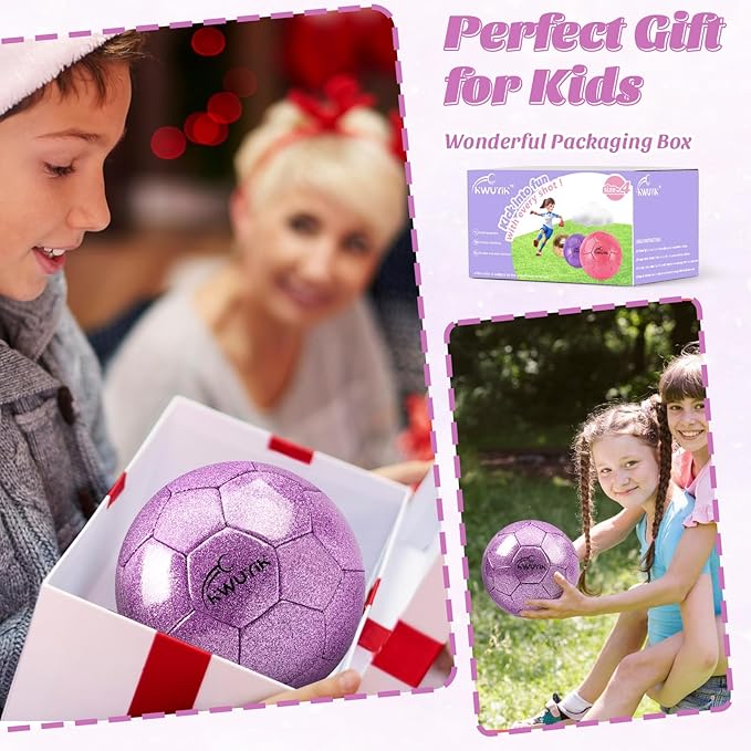 Size 3 4 5 Glitter Pink Gold Purple Soccer Ball Set with Pump Youth Soccer Ball for Kids Aged 4-6 6-8 8-12 Toddler Soccer Ball Soft Training Ball Practice for Teens Children Adults Boys Girls