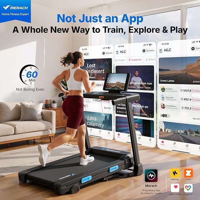 MERACH Foldable Treadmill with Incline, 7.5MPH Quiet Treadmills for Home with Double Deck Technology, 4 Silicone Shock Cushion, Heart Rate Monitoring,16.5" Wider Belt, APP