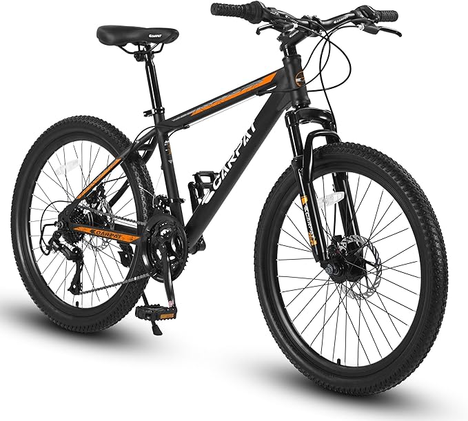 24/26 Inch Mountain Bike, 21 Speed Mountain Bicycle with High Carbon Steel Frame, Dual Disc Brakes and Front Suspension, MTB Bike for Adult Teenagers Boys Girls