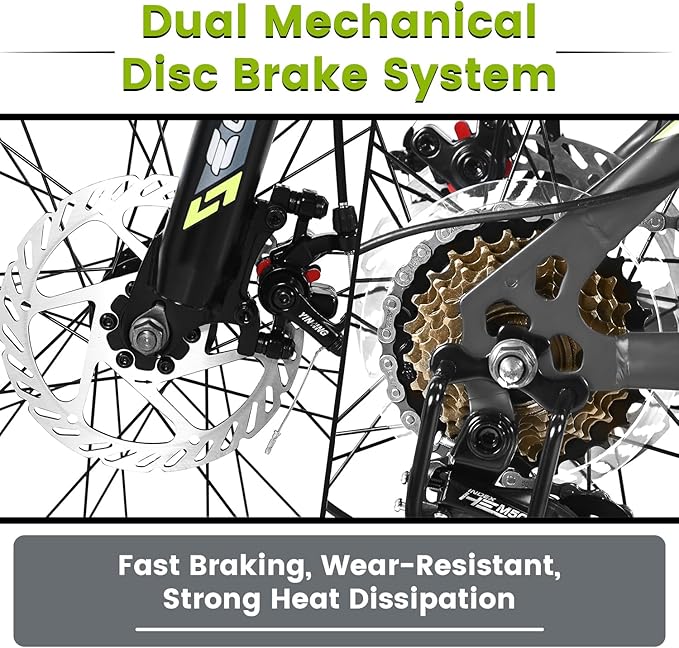 24/26 Inch Mountain Bike, 21 Speed Mountain Bicycle with High Carbon Steel Frame, Dual Disc Brakes and Front Suspension, MTB Bike for Adult Teenagers Boys Girls