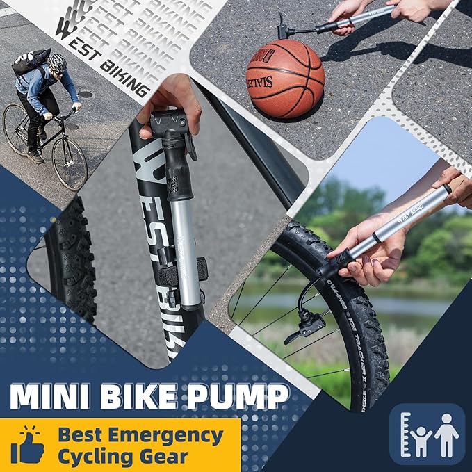 Bicycle Pump Mini Bike Pump - Aluminum Alloy Cycle Pump for Presta & Schrader Valve, Portable Lightweight Bike Tyre Pump Fast Tyre Inflation Mini Air Pump for Mountain Road Bike Ball Pump