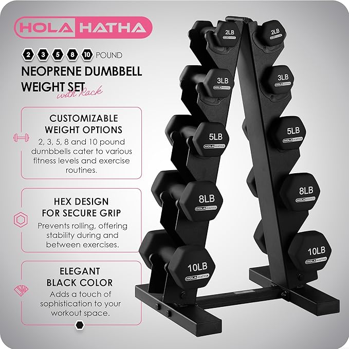 HolaHatha 2, 3, 5, 8, and 10 Pound Neoprene Dumbbell Free Hand Weight Set with Rack, Ideal for Home Exercises to Gain Tone and Definition, Pastel