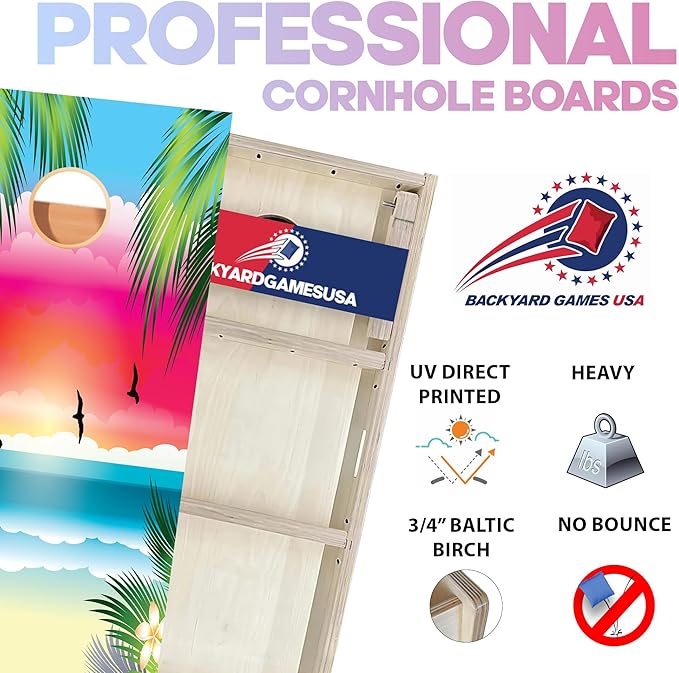 CornholeGamesUSA Pro Cornhole Boards Set | Made in USA | 3/4 Baltic Birch | No Bounce | Triple Thick Legs | Two Brace & Handles, Tournament 2x4 Regulation Set with Score Tower & Cornhole Bags