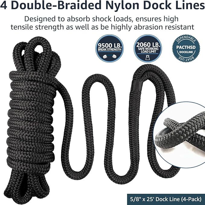Boat Dock Lines 5/8" x 25ft Double Braided Nylon Dock Lines for Boats Pre-Spliced with a 15" Loop, Marine-Grade Boat Ropes for Docking, Boat Lines Dock Rope, Premium Marine Rope Mooring Lines