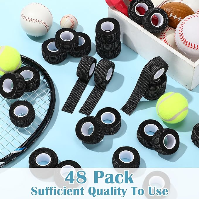 Treela 48 Pack Self Adhesive Wrap Bandage Bulk, Self Adherent Cohesive Bandage Elastic Athletic Tape Breathable Wound Tape for Stretch Athletic Sports Wrist Ankle (Black,1 Inch X 5 Yards)