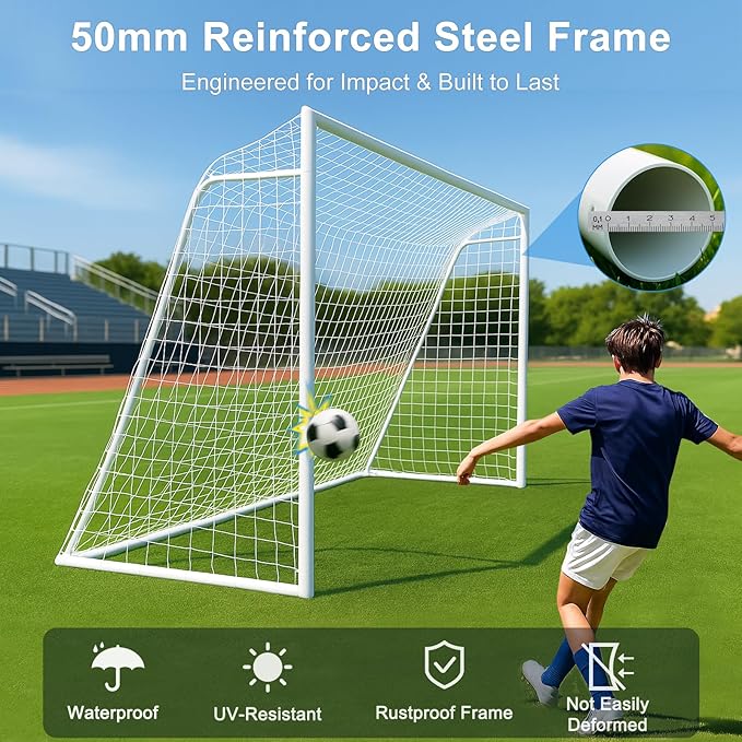 MOPHOTO 6x4/8x6/10x6.5/12x6/16x7ft Soccer Goals for Backyard, Foldable Steel Soccer Goal with 6 Cones, Weatherproof Soccer Goal for Teens/Adults Practice Training