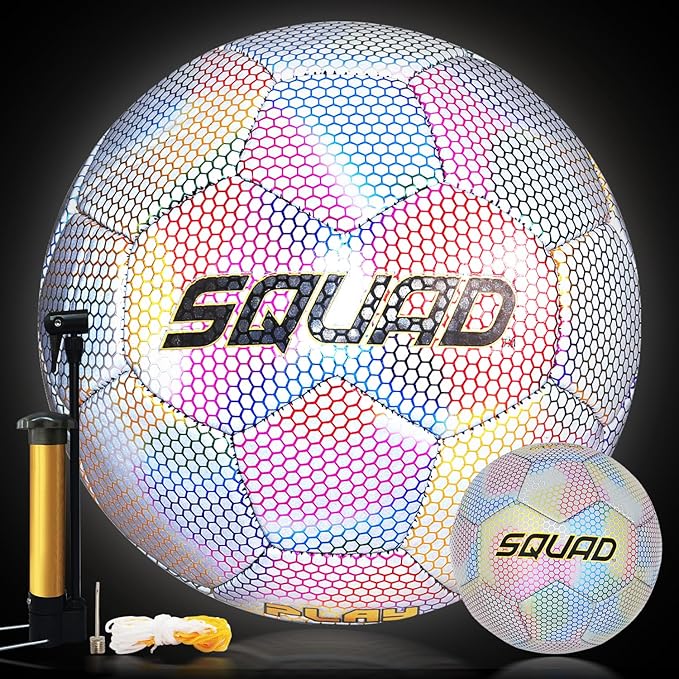 SQUAD Holographic Reflective Soccer Ball Size 5 - Reflective Glowing Ball for Night Games & Training - Durable PU Leather and Rubber Airbags - Cool & Unique Gift for Soccer Fans